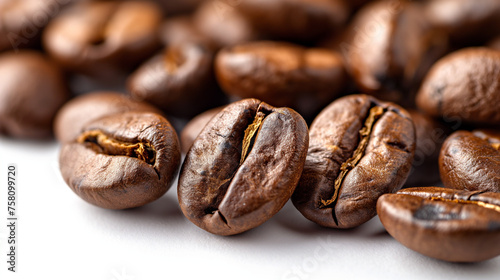 close up of roasted coffee beans on white background