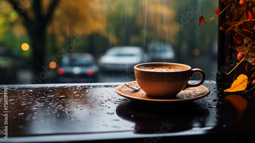 Cup of coffee on a rainy day. A brown color coffee cup with the falling rain outside