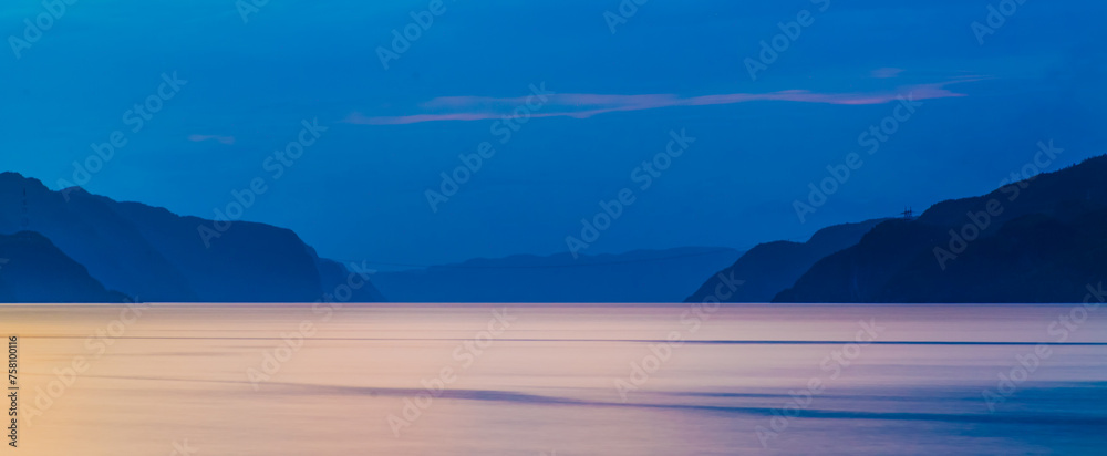 Saguenay river, Canada - August 18 2019: Stunning panoramic view of Sagueney River Valley during sunset Saguenay river, Canada - August 18 2019: Stunning panoramic view of Sagueney River Valley during sunset