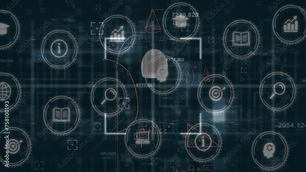 Animation of business icons and data processing over lamp on black background Animation of business icons and data processing over lamp on black background