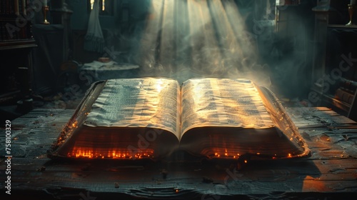 Illuminated Bible surrounded by light and flames on a dark background