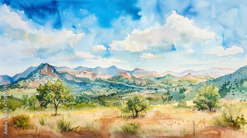 Watercolor painting of majestic mountain range landscape in new mexico photo