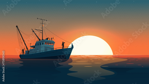 Seiner ship, beautiful orange sunset, ocean seascape, carribean sea, sunrise, large boat, nautical maritime adventure. Concept of atlantic fishing. Gifts of the sea. Vector illustration