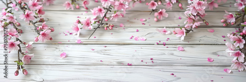  pink flowers on white wooden background, spring flower background. empty space for text