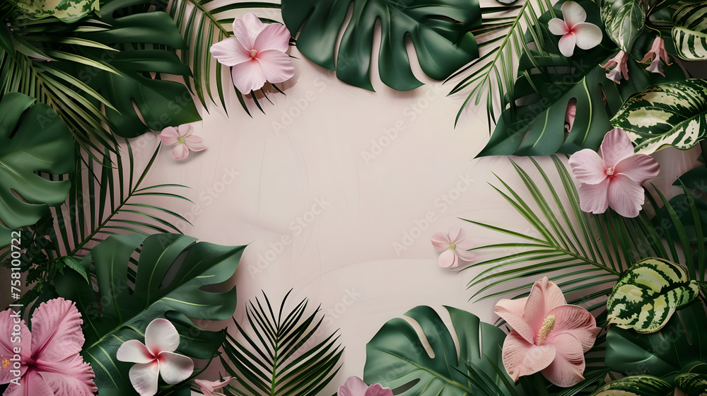 Creative layout of foliage with space for text. Frame of leaves and flowers. Floral background. View from above. - obrazy, fototapety, plakaty 