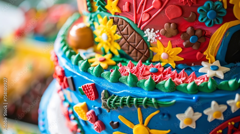 Close-Up of a Vibrantly Decorated Multilayer Celebration Cake