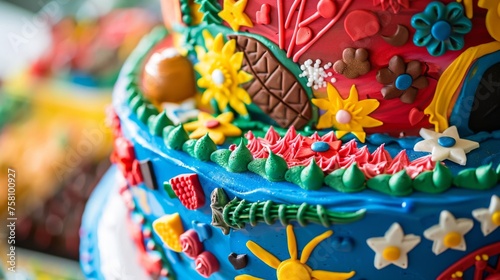 Close-Up of a Vibrantly Decorated Multilayer Celebration Cake © Denis Bayrak