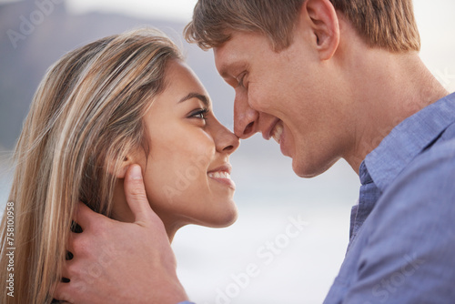 Couple, nose and touch with smile in outdoor for love with romance in honeymoon, vacation and affection in Australia. Closeup, holiday and happy with bonding for relationship, support and trust