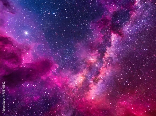 Starry sky in deep outer space with nebula filled with pink and purple hues.