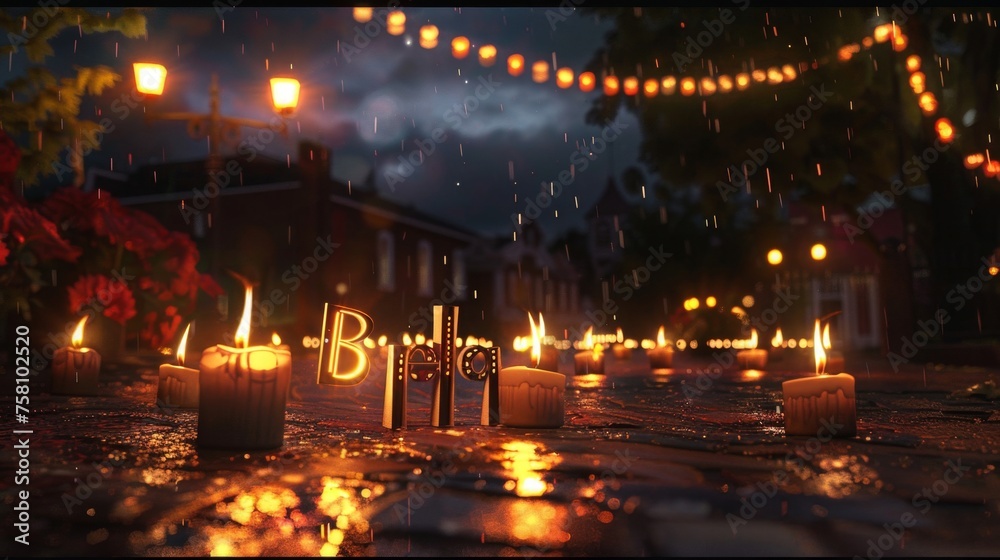 Enchanting Rainy Night with Illuminated Candles on Cobblestone Street