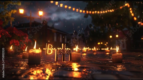 Enchanting Rainy Night with Illuminated Candles on Cobblestone Street
