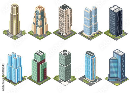 Set of various skyscrapers. Collection of incredibly high glass buildings located in city center or downtown. Isolated on white background. Vector illustration