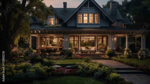  An enchanting portrayal of a family home boasting a charming porch, bathed in the soft glow of twilight and echoing with the laughter of loved ones.