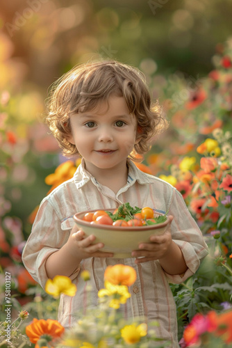 boy holding a plate with freshly picked vegetables on the background of the garden