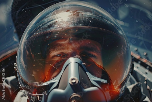 A close-up view of a person wearing a protective helmet and goggles, possibly a pilot preparing to fly a jet plane. Generative AI