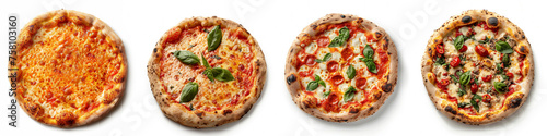 Assortment of whole Italian pizzas isolated on white background, with space for text, featuring Margherita, pepperoni, and vegetarian options, showcasing variety and takeaway concept photo