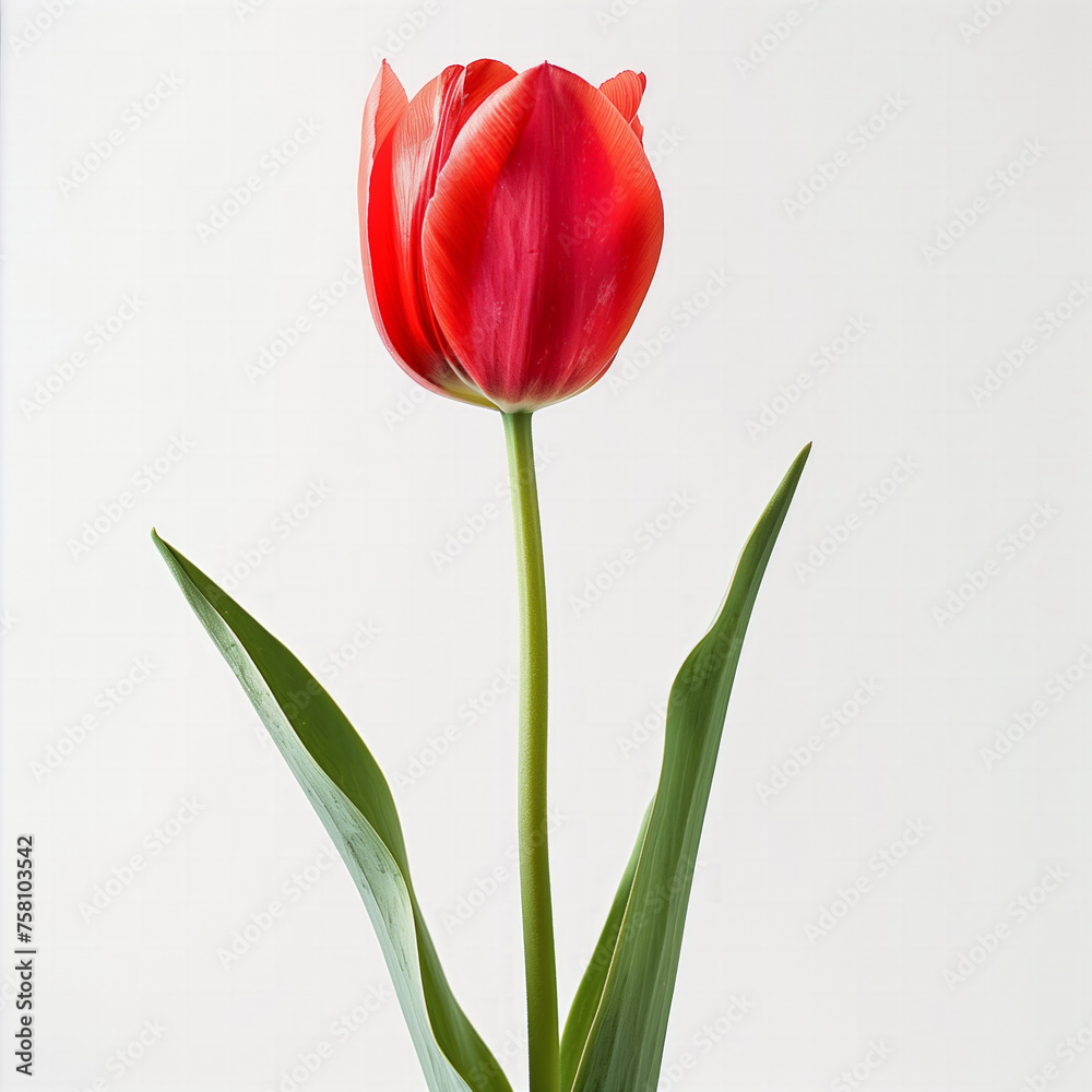 Fototapeta premium A single vibrant red tulip with green leaves isolated on a white background with copy space, suitable for springtime and floral themes