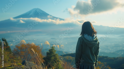 behind of young woman in the mountain