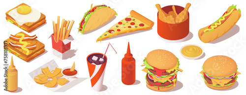 Set of various fast food. Collection of sandwiches, fried chicken and potato, pizza, soda, snacks, hot dog, burger. Isolated on white background. Isometric vector illustration