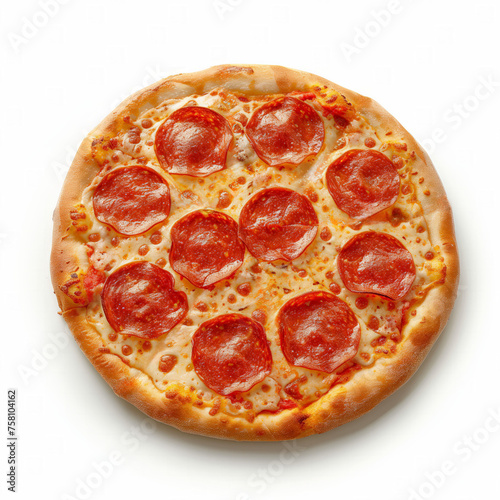 Delicious whole pepperoni pizza on a white background with copy space, perfect for food-related advertising or menu design
