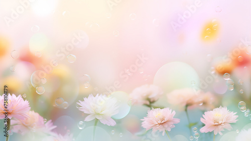 summer flowers on Blurred background with soft pastel colors, bokeh effect, bubbles and sparkles