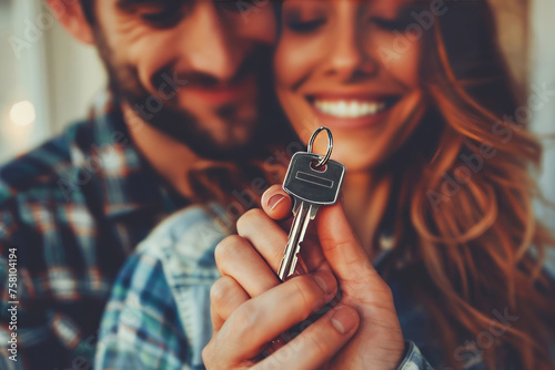 Joyful couple holding house keys celebrating a new home and the start of a new chapter