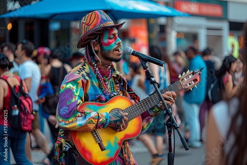 A man energetically plays a guitar and sings into a microphone while captivating a crowd on a vibrant street. Generative AI