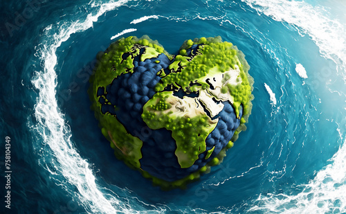 Earth in Heart shape on water, Love and Save the World for the Next Generation concept, Earth day concept