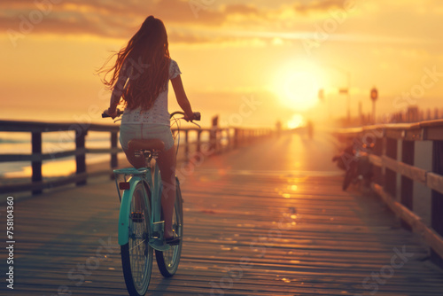 Silhouette of a woman riding a bike on a beach boardwalk at sunset with ocean view © Nongkran
