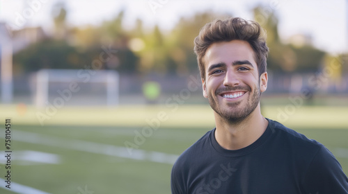 Homem sorrindo em um campo de futebol