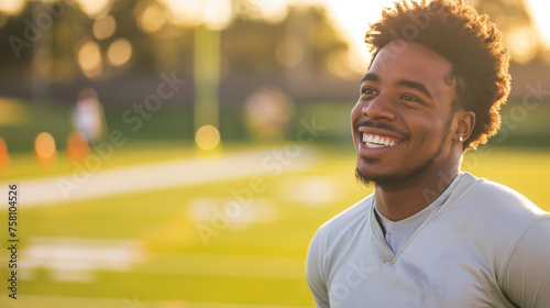 Homem sorrindo em um campo de futebol photo
