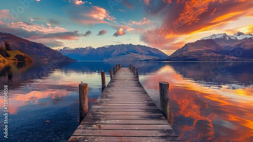 Tranquil sunset scene: serene lake near queenstown with pier silhouetted against vibrant sky