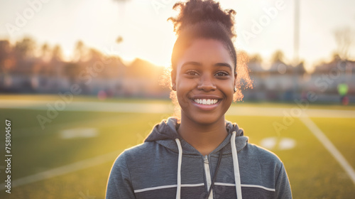Mulher sorrindo em um campo de futebol  photo