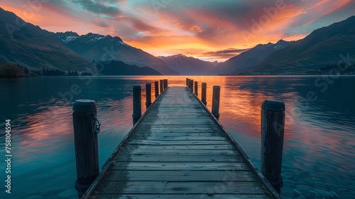 Tranquil sunset scene: serene lake near queenstown with pier silhouetted against vibrant sky photo