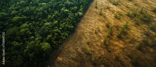 Floresta verde e metade queimada e desmatada - Conceito de queimadas e desmatamento photo