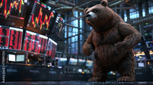 Statuesque bear in a stock trading room overlooking market decline screens, Concept of bearish trends and investor sentiment in finance photo