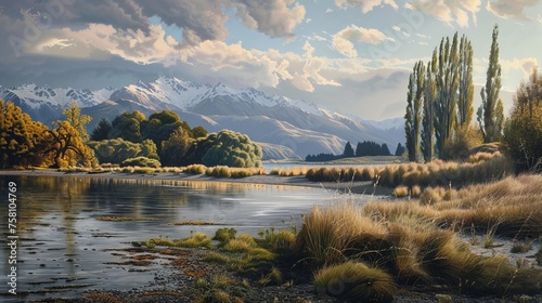 Golden hour glow: majestic new zealand landscape with rolling hills and serene lake reflections in south island, aoraki/mount cook national park, oceania photo