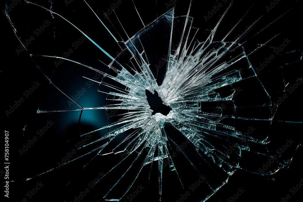The bullet broke the window glass with a large hole and cracks on a black background. - obrazy, fototapety, plakaty 