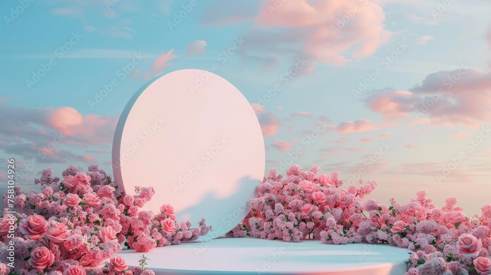 Circular podium with few delicate pink roses. A Magical Platform for Romantic Merchandise - obrazy, fototapety, plakaty 