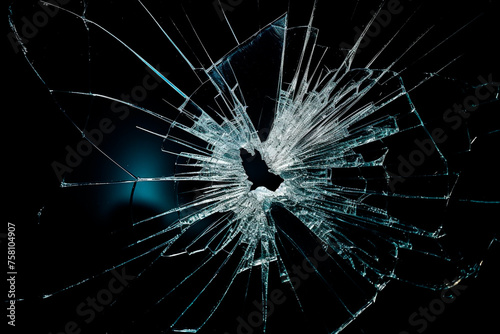 The bullet broke the window glass with a large hole and cracks on a black background.