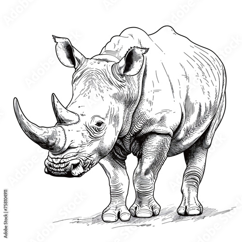 Black and white illustration of a rhinoceros on white background