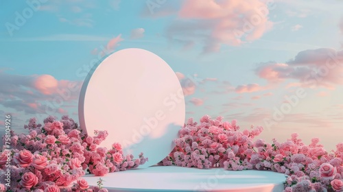 Circular podium with few delicate pink roses. A Magical Platform for Romantic Merchandise