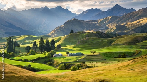 Scenic new zealand landscape: majestic mountains and farming scenery near queenstown