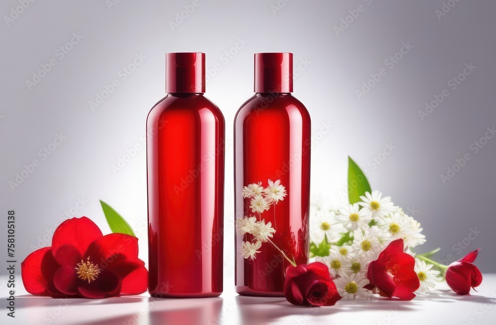 Red bottles without inscriptions for shampoo on a white background with flowers in backlight with space for text Red bottles without inscriptions for shampoo on a white background with flowers in backlight with space for text
