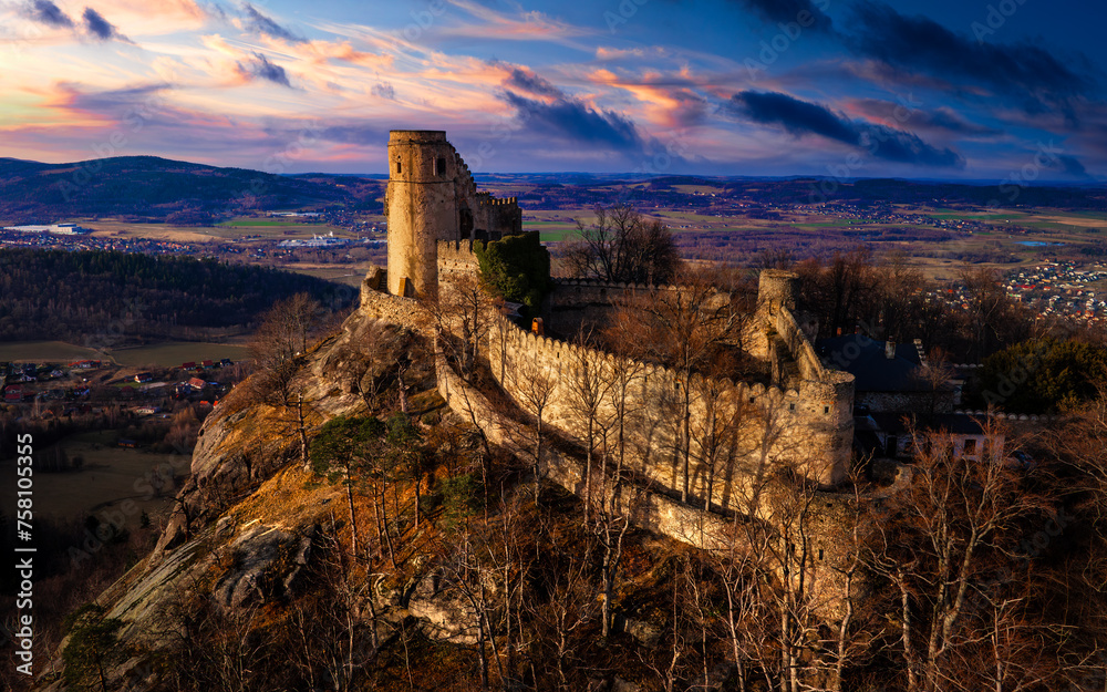 Aerial view of Medieval Castle Chojnik. Castle raised in XIII century on the top of the hill with beautiful panorama. Lower Silesia, Poland