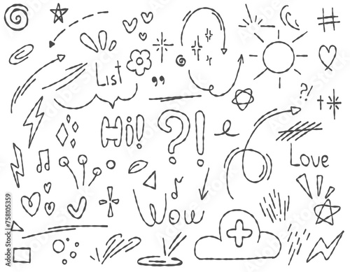 Doodle cute glitter pen line elements drawn in pencil. Doodle heart, arrow, star, sparkle decoration symbol icon set. Vector illustration.