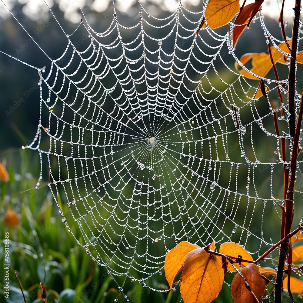 spider web in forest in between orange leaves