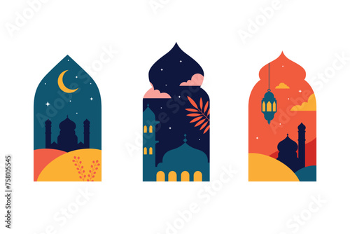 Arabic windows with mosque desert moon with retro Boho design flat style illustration ramadan design element