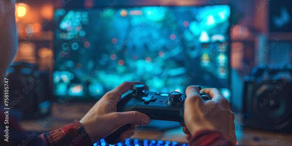 Gamepad in the hands of a gamer on a technological background. Neon lighting. Video games online with friends, winnings, prizes, fun entertainment, youth culture, virtual reality. - obrazy, fototapety, plakaty 