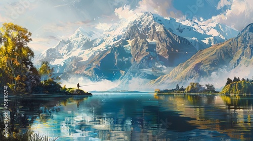 Tranquil new zealand landscape: serene mountain and lake scene with a lone fisherman enjoying nature's bounty photo